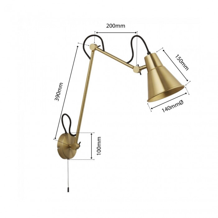 dimension diagram for the Flux wall light range Brass